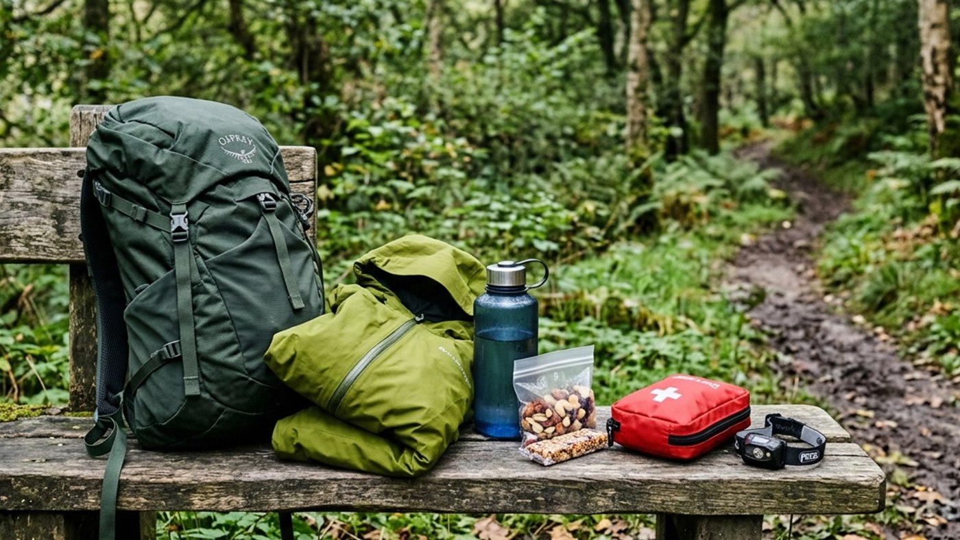 Simple hiking kit arranged before a budget gear check