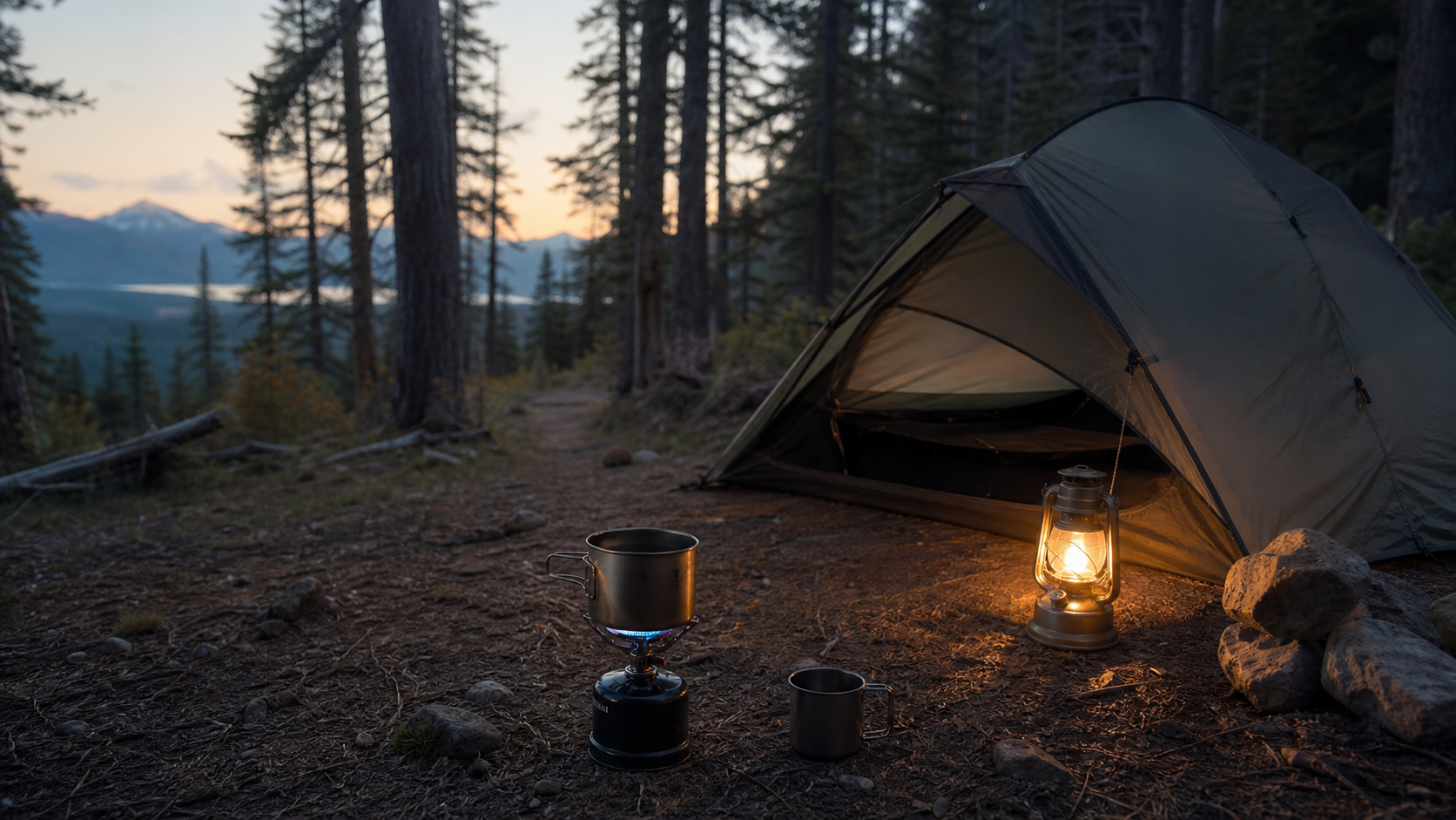 Small lightweight tent and camping stove at dusk near a trail