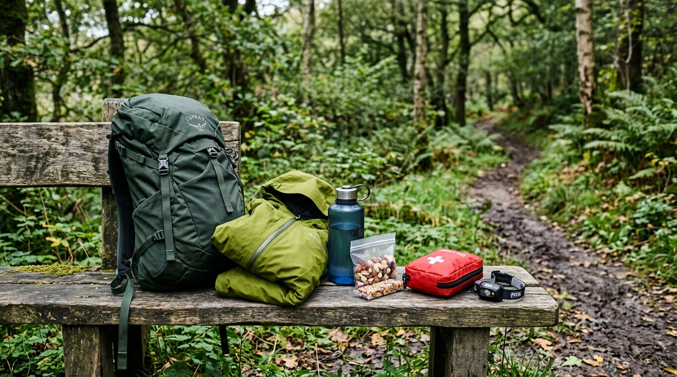 Day hiking pack, waterproof layer, water and safety kit arranged beside a woodland trail