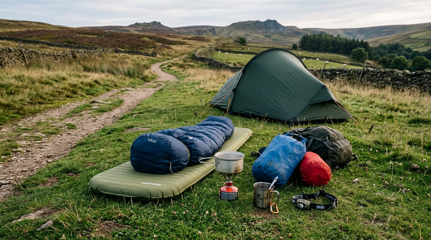 Tent, sleeping mat, stove and dry bags prepared for a first overnight hike