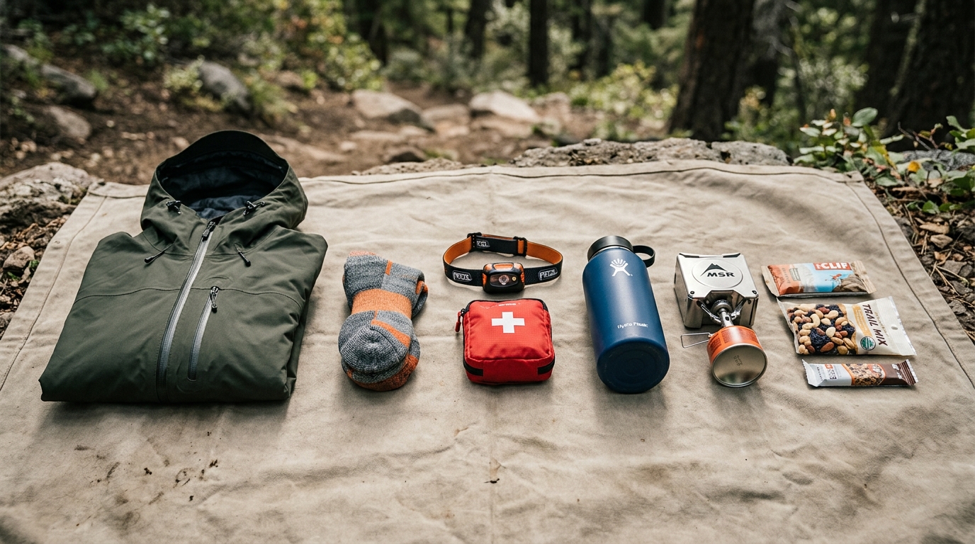Hiking jacket, socks, first aid kit, bottle and trail supplies arranged on canvas