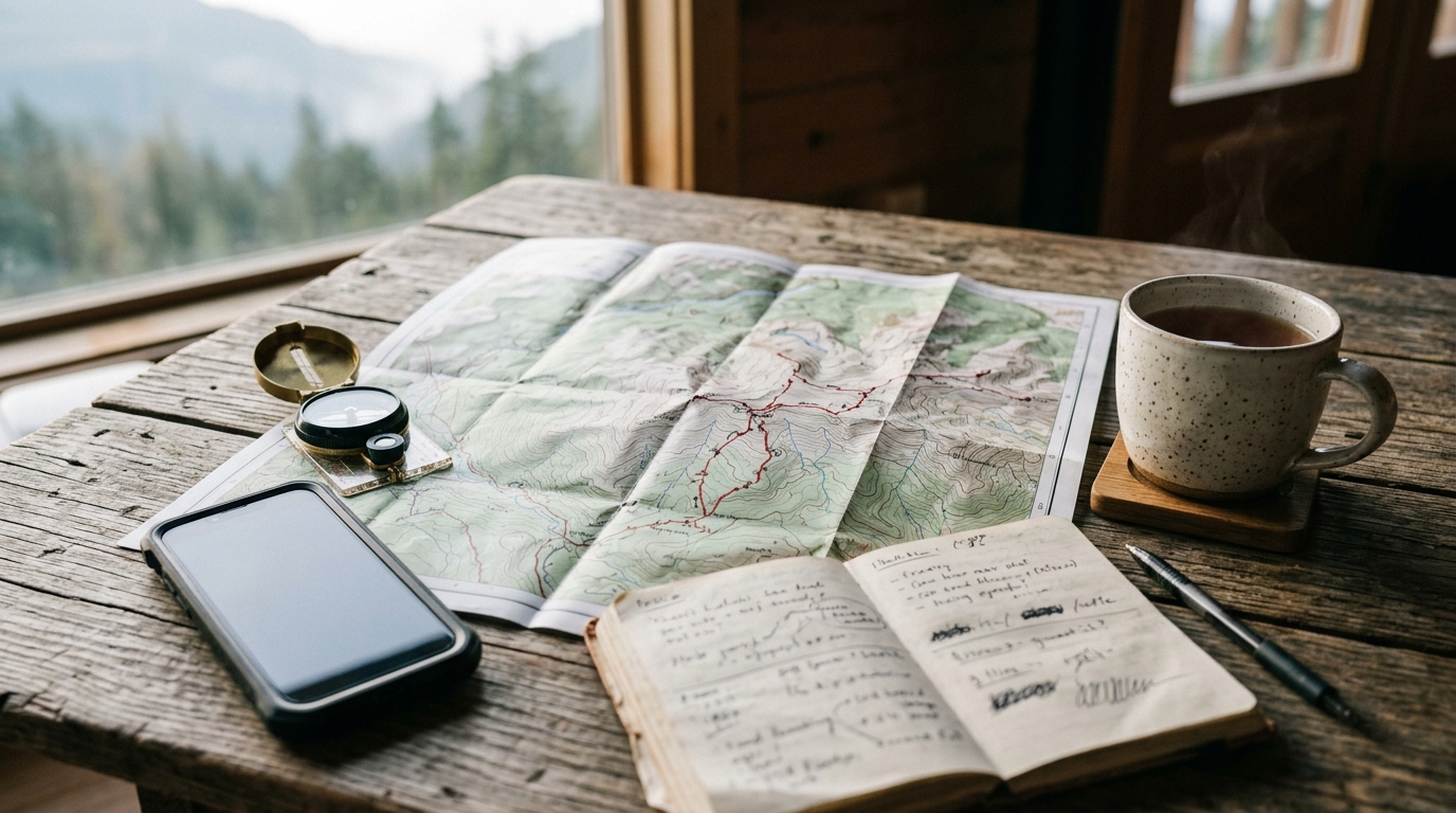 Map, notebook, phone and mug arranged for planning a hiking route