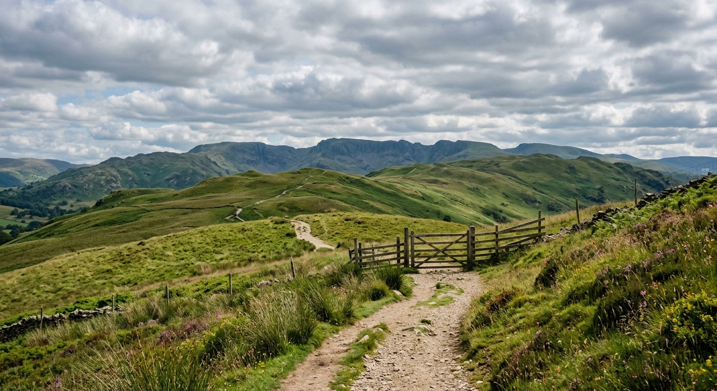 Open hillside walking path with a wooden gate and layered clouds