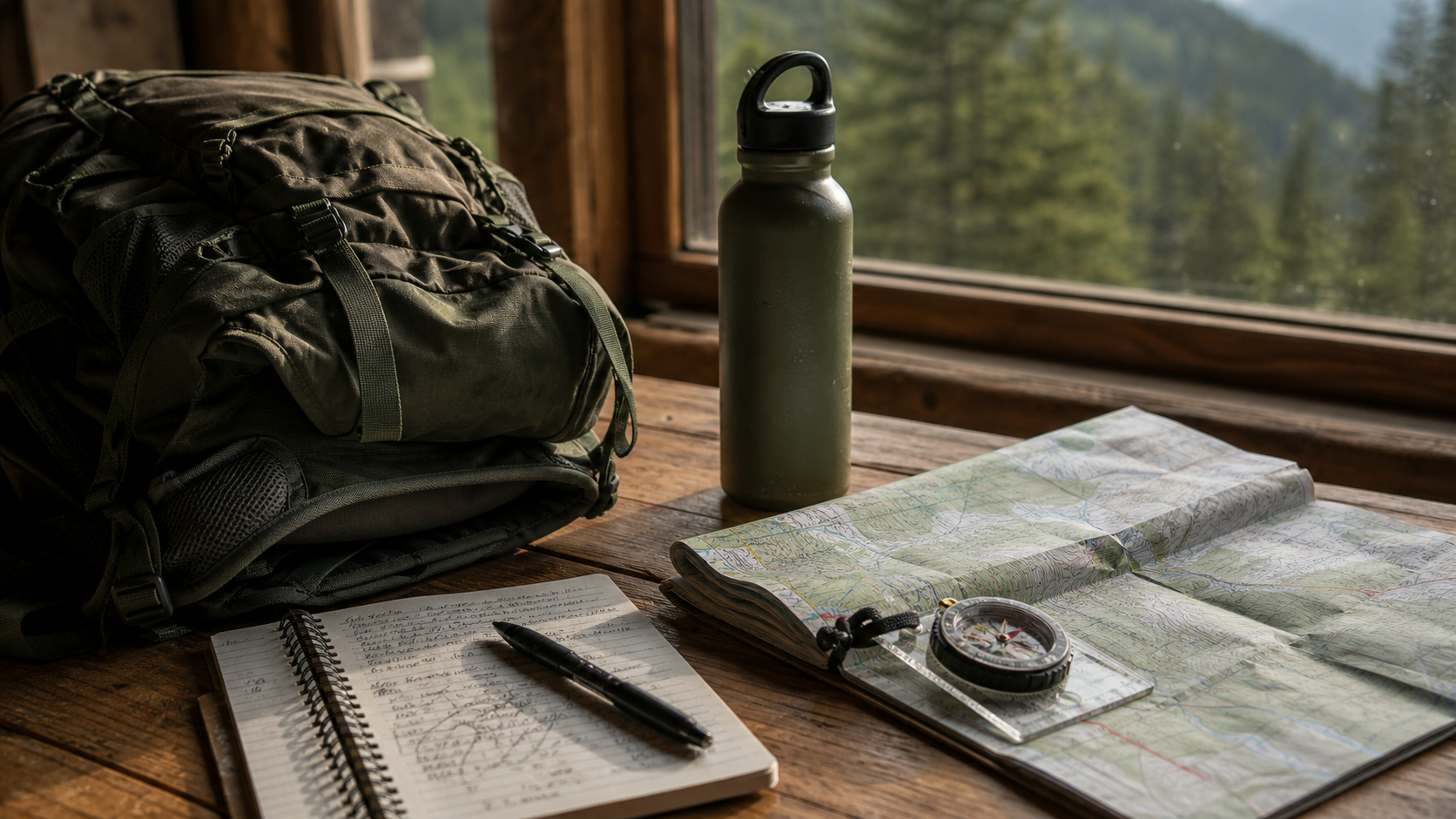 Topographic map, compass, notebook, and hiking gear for Trail Atlas route planning