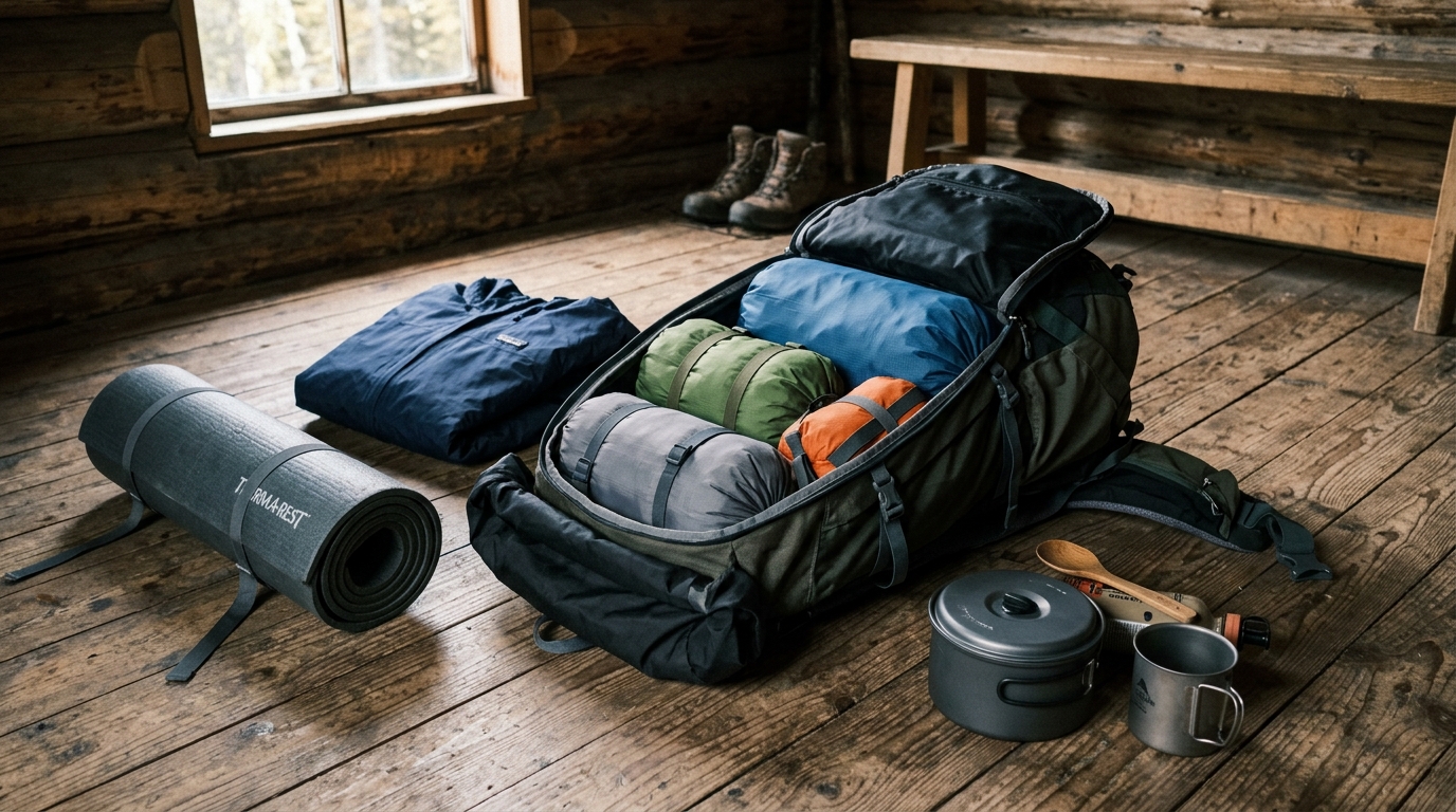 Open trekking pack with dry bags organised by function before a multi-day route