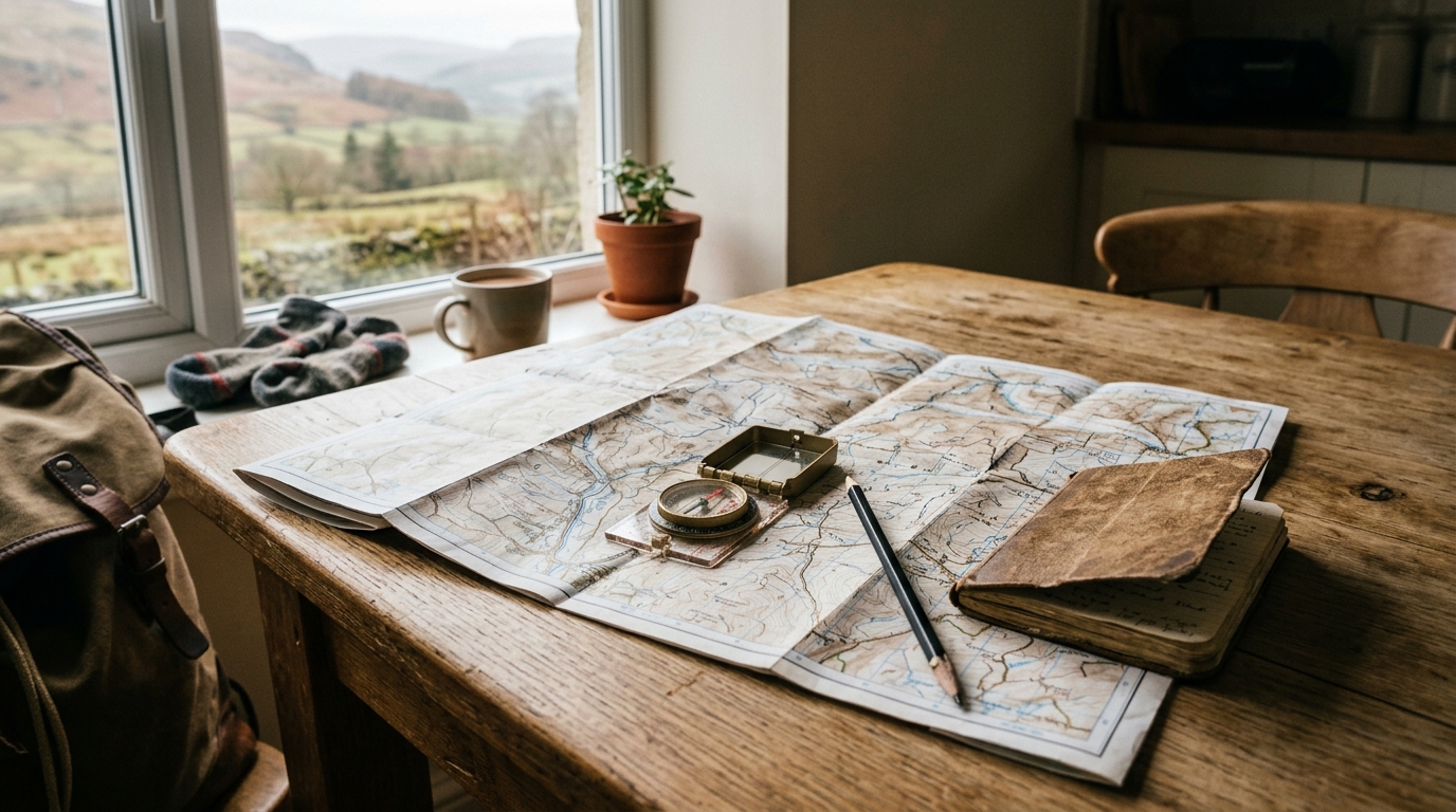 Topographic map, compass and notebook prepared for a hill walking route