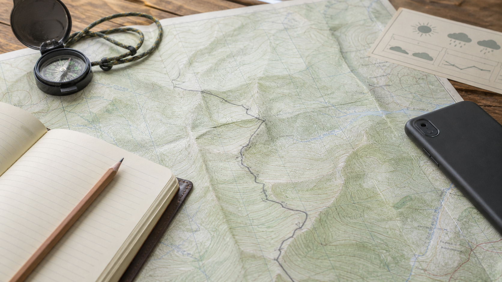 Topographic map, compass, pencil route notes, and weather planning items
