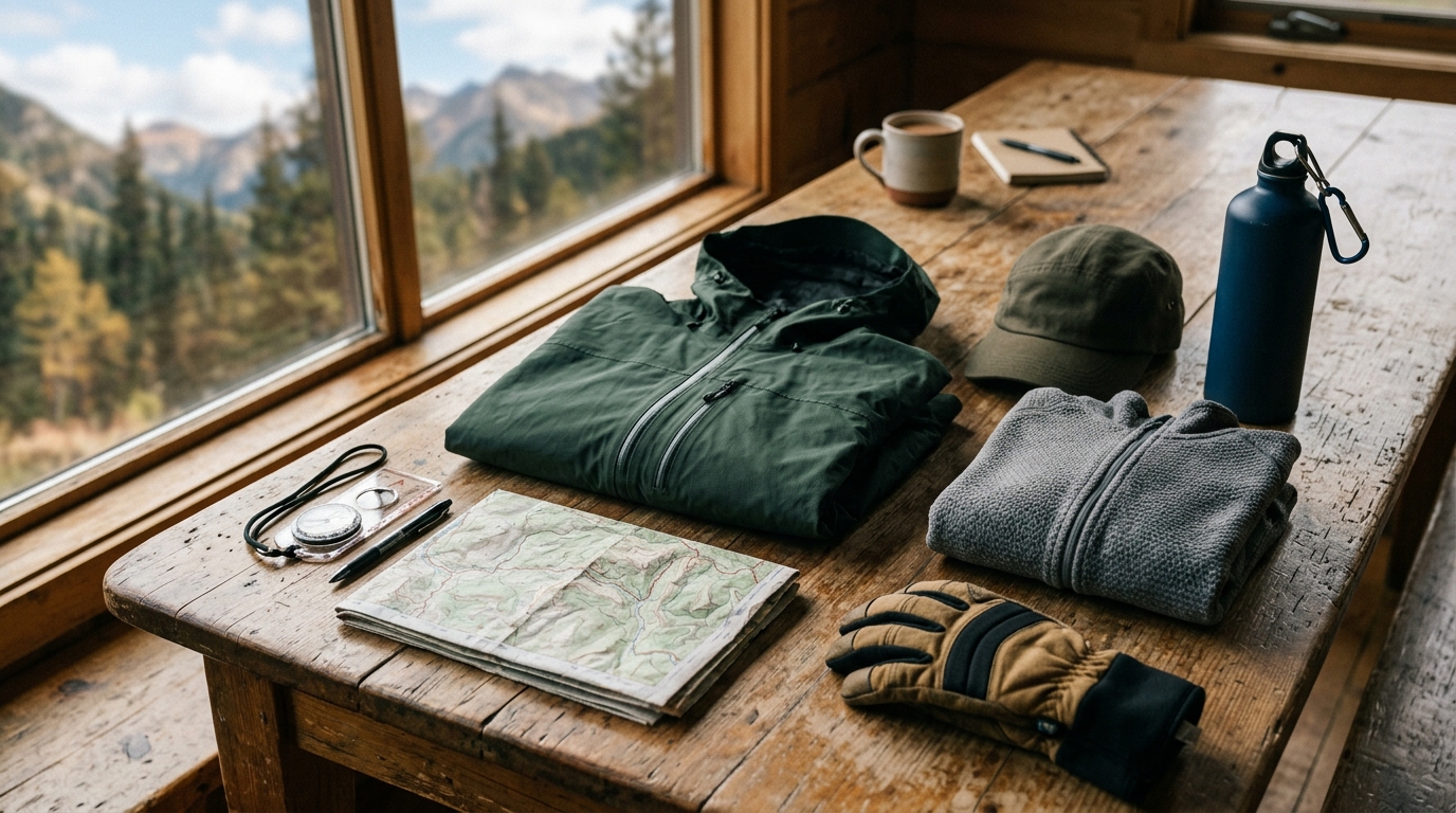 Layered hiking clothing, gloves, sun cap and map arranged for seasonal planning