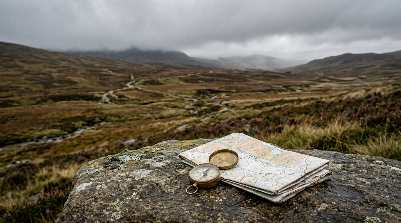 Compass and folded map placed on open moorland near faint walking tracks