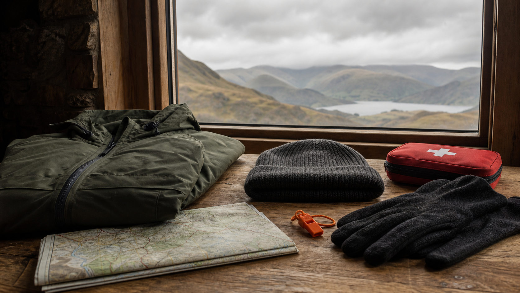 Waterproof layers, gloves, first aid kit, whistle, and map for bad weather hiking safety