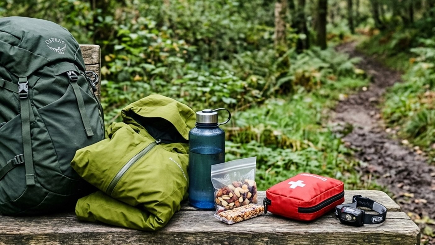 Water bottle and compact trail kit arranged for a hiking water plan